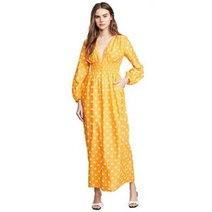 Nicholas Smocked Long Sleeve V-Neck Polka Dot Caftan Maxi Dress Silk Cotton